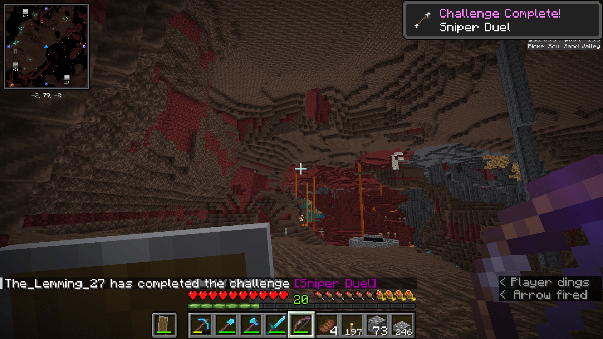 Warrior ❌ Stealth Archer ✅ A soul sand valley with nether portal enclosed in cobblestone. The player has just gained the "Sniper Duel" advancement.