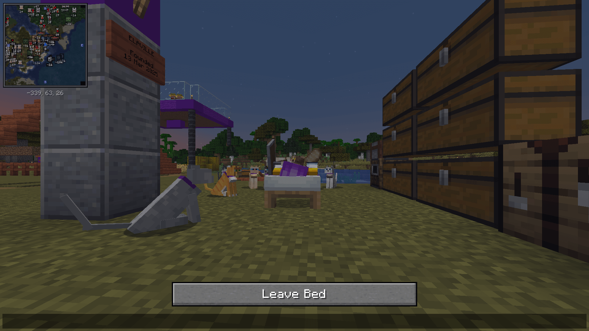 Am I taking a cat nap, or am I BEING catnapped? A Minecraft player lays down on a bed, while several cats surround them and another cat lays on top of them.