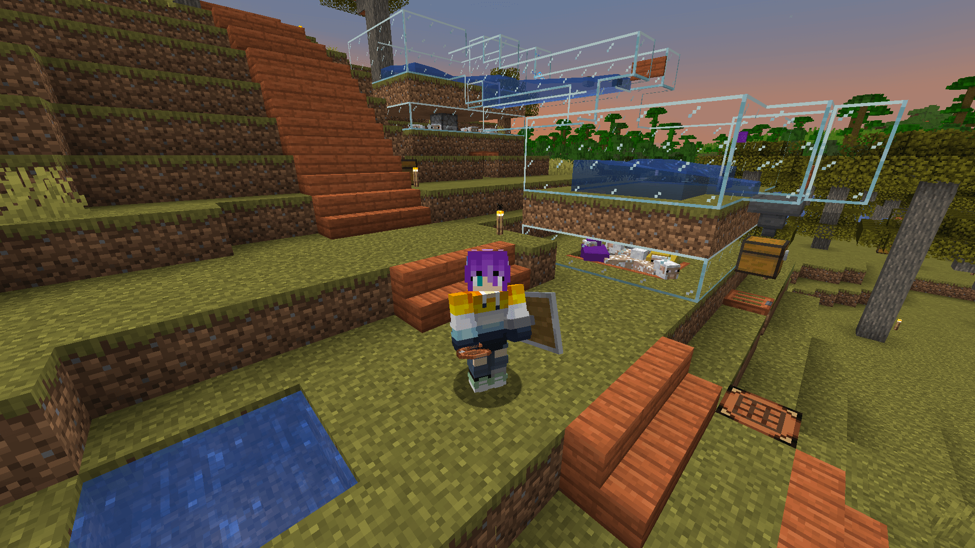 It's a cascade of colour! A Minecraft player holding a lead, standing in front of a wool farm.