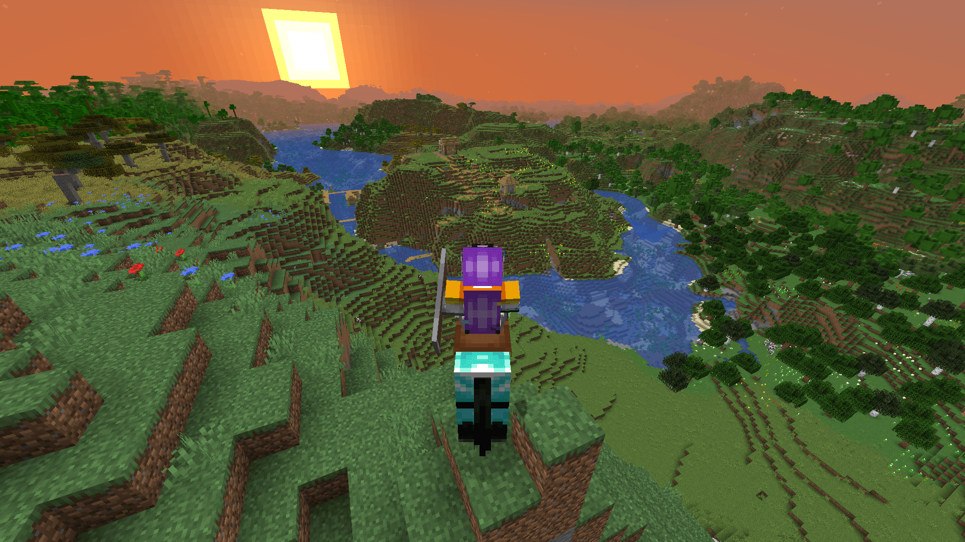 🌄🧡 A plains village on a hill surrounded by rivers and mountains.