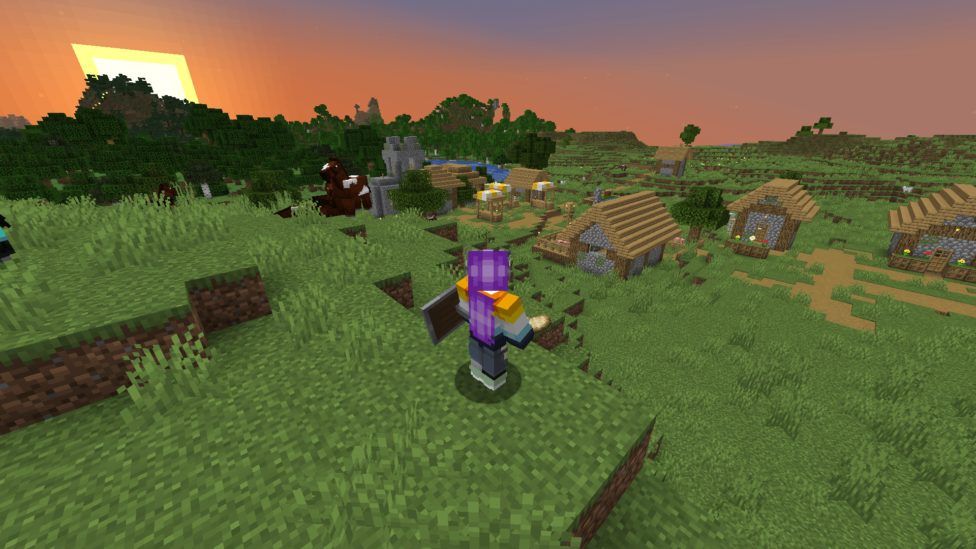 Not pictured: snow and ice. It's off to the right (northeast). A plains village by a forest, with spruce forests beyond.