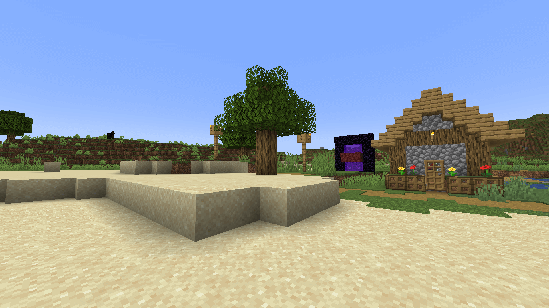 There goes the neighbourhood. A nether portal next to a villager house.