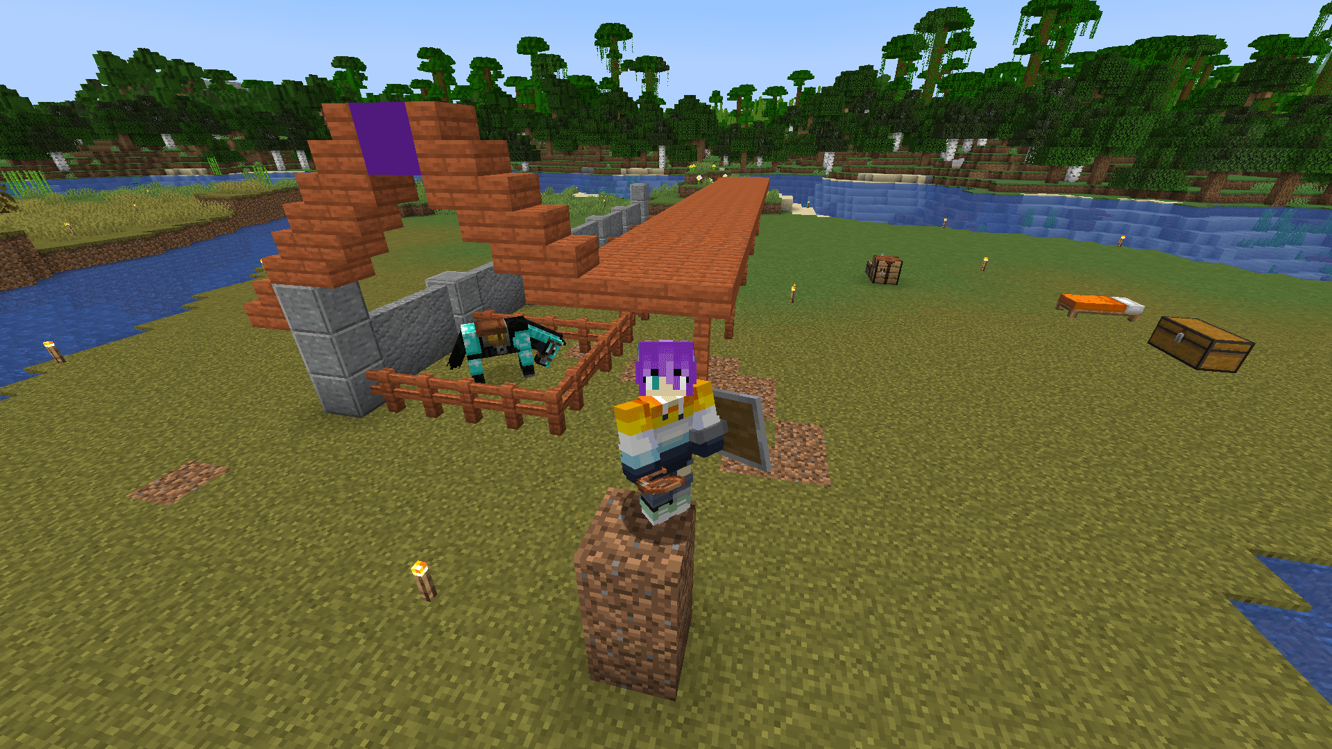 Looks like this project is on STABLE footing :P A Minecraft player stands in front of a partly-built stable, with a horse in one of the pens.