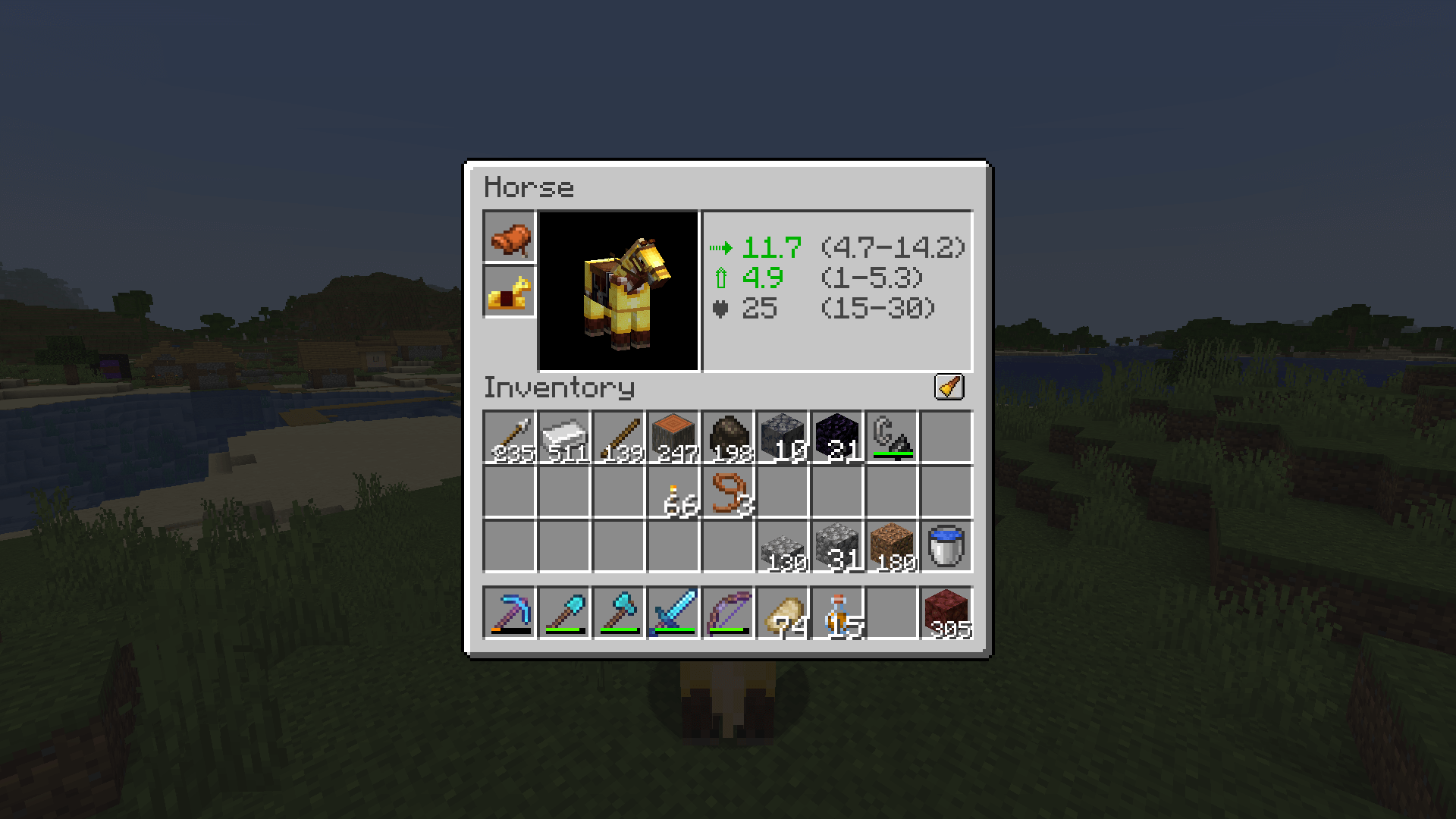 Gold armour for my gold medalist 🥇 A player inventory including the horse GUI, with its speed, jump and health stats shown.