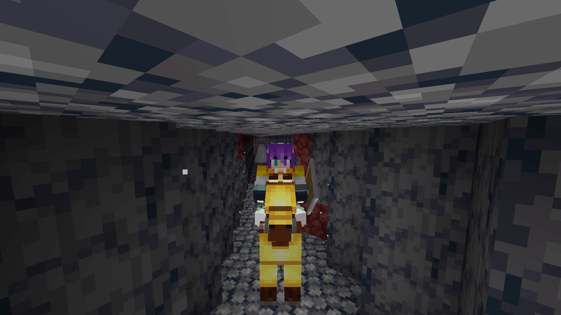 Yeehaw! *bump* *crash* *scrape* A Minecraft player rides a horse through a tunnel in the basalt deltas.