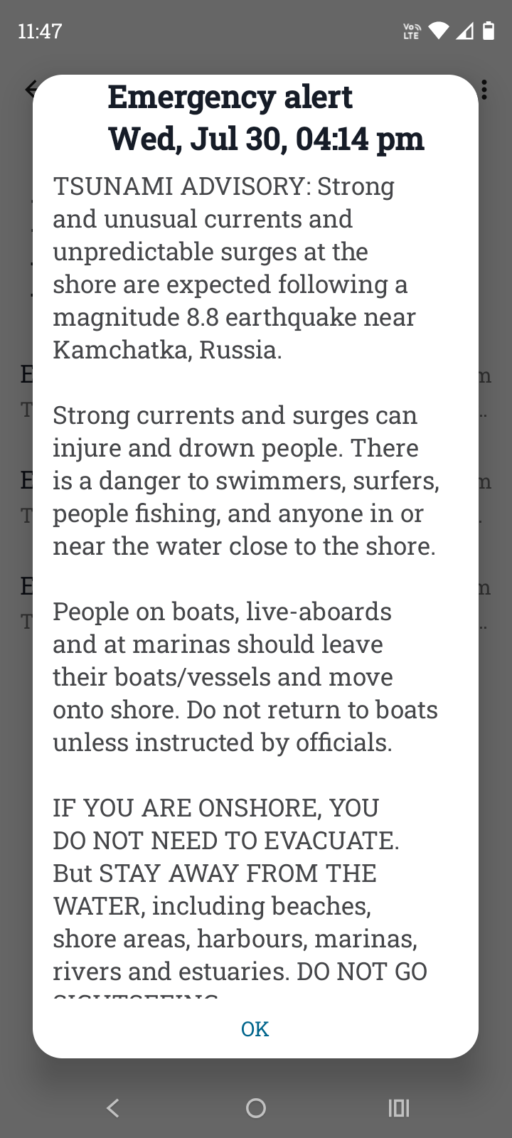 TIL you can go into your phone settings and see past alerts! Tsunami advisory warning for New Zealand on 30 July 2025